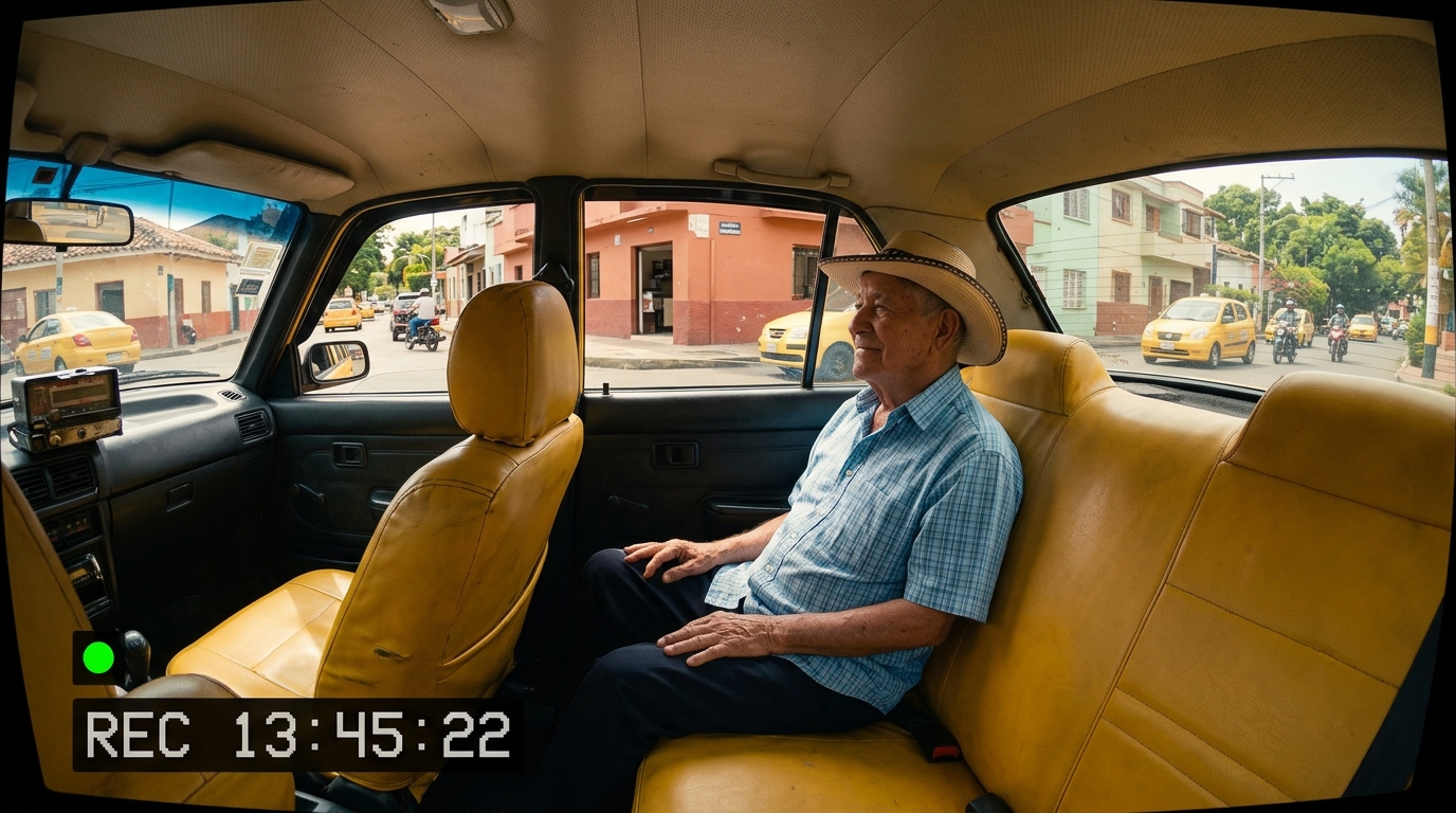 Abuelo en taxi con cámara